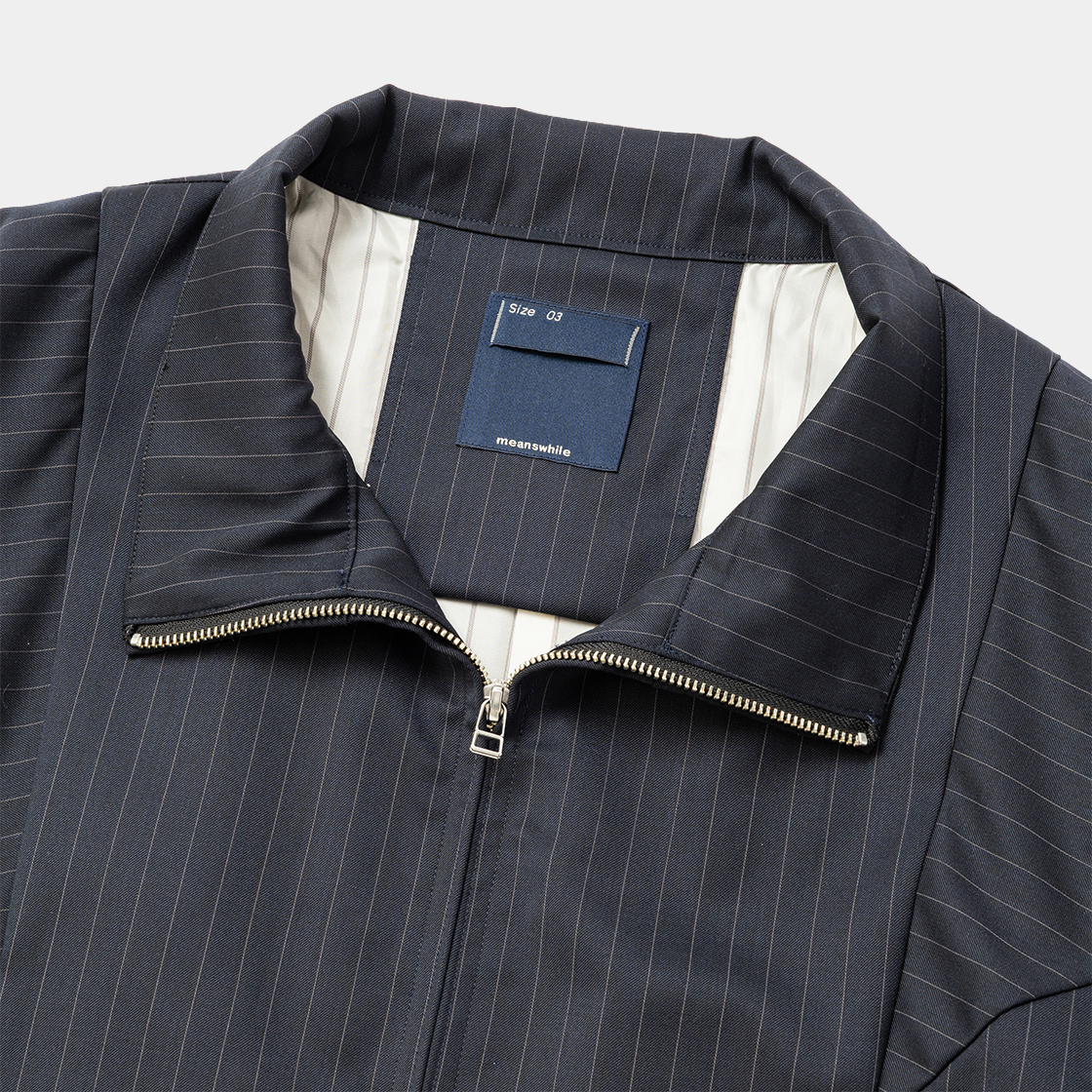 Merino Wool Stand Collar Blouson /Navy Stripe