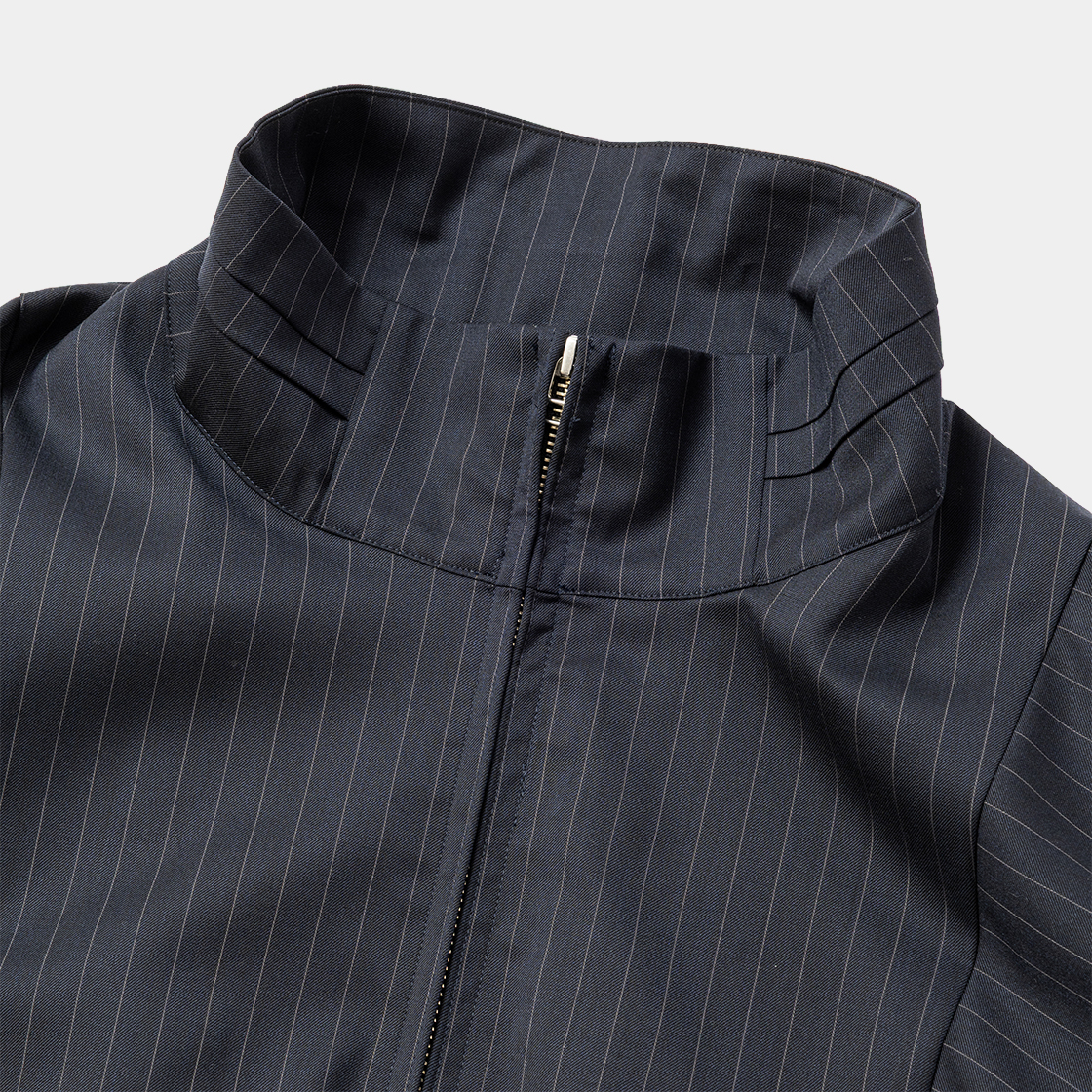 Merino Wool Stand Collar Blouson /Navy Stripe