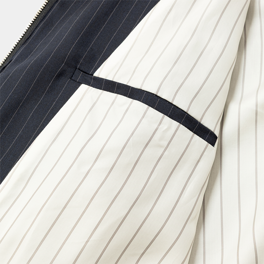 Merino Wool Stand Collar Blouson /Navy Stripe